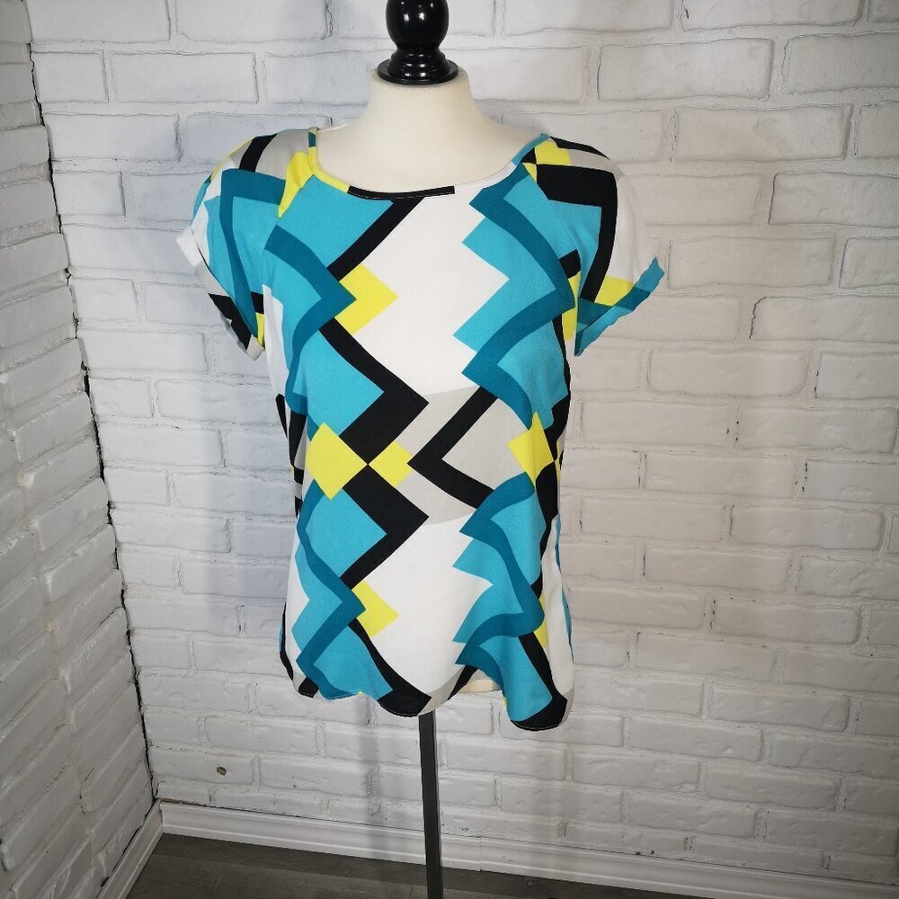 Worthington Ladies Size medium Teal Yellow White Grey & Black Patterned Blouse